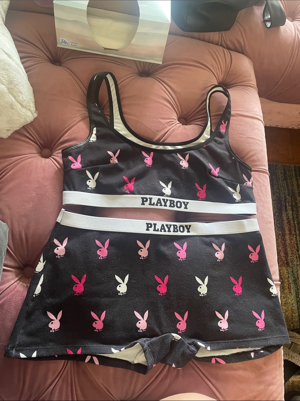 New PLAYBOY matching set with Pink & Cream Bunny Print